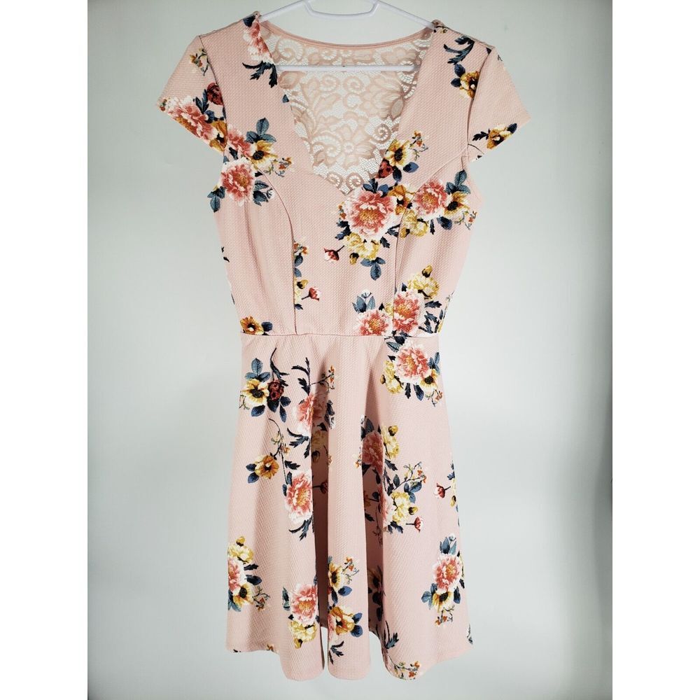 Three Pink Hearts Lace Dress Pink Floral Short Cap Sleeve Size Extra‎ Small XS